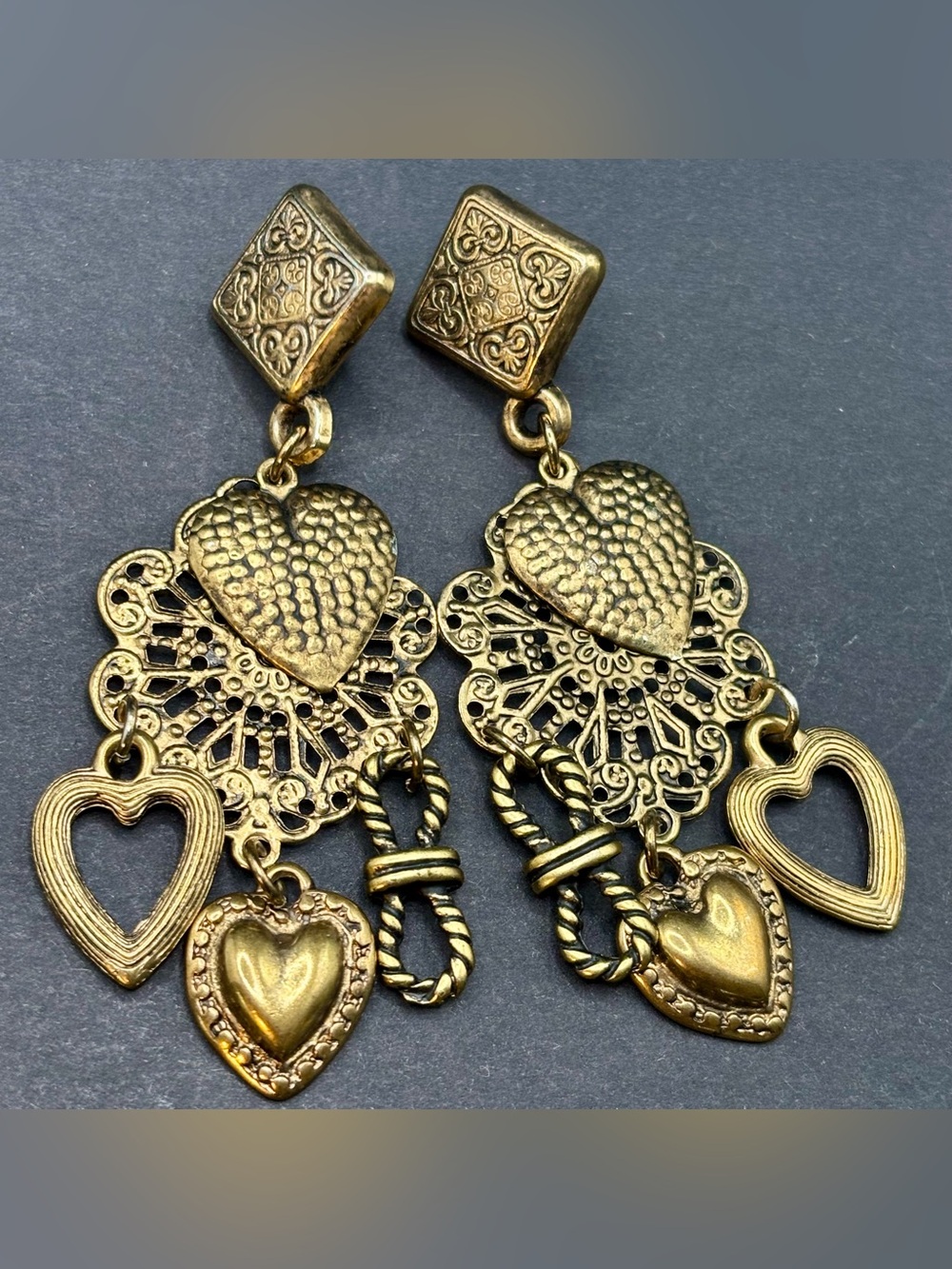 Vintage Victorian Revival Filigree Multi Heart Chandelier Dangle Earrings 80s